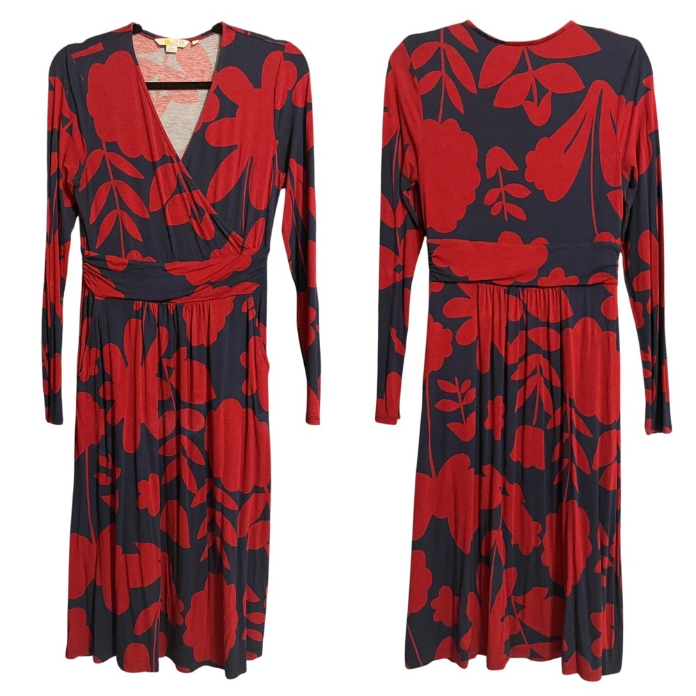 Boden Jersey Midi V-Neck Long Sleeve Dress Red Navy Floral US 6L - Picture 3 of 9